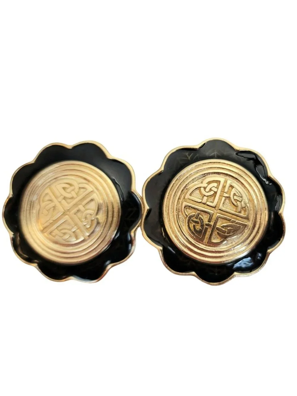 Gold Tone Black Enamel Celtic Knot Designer Style Clip-On Earrings, M549